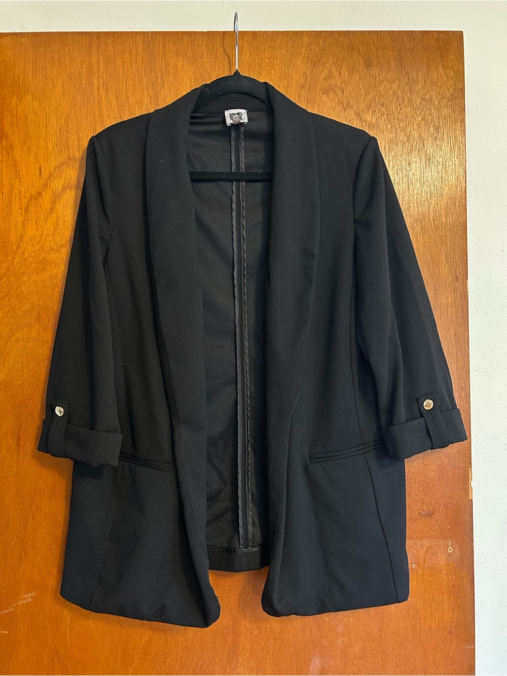 Anne Klein Black Open-Front Roll-Sleeve Blazer